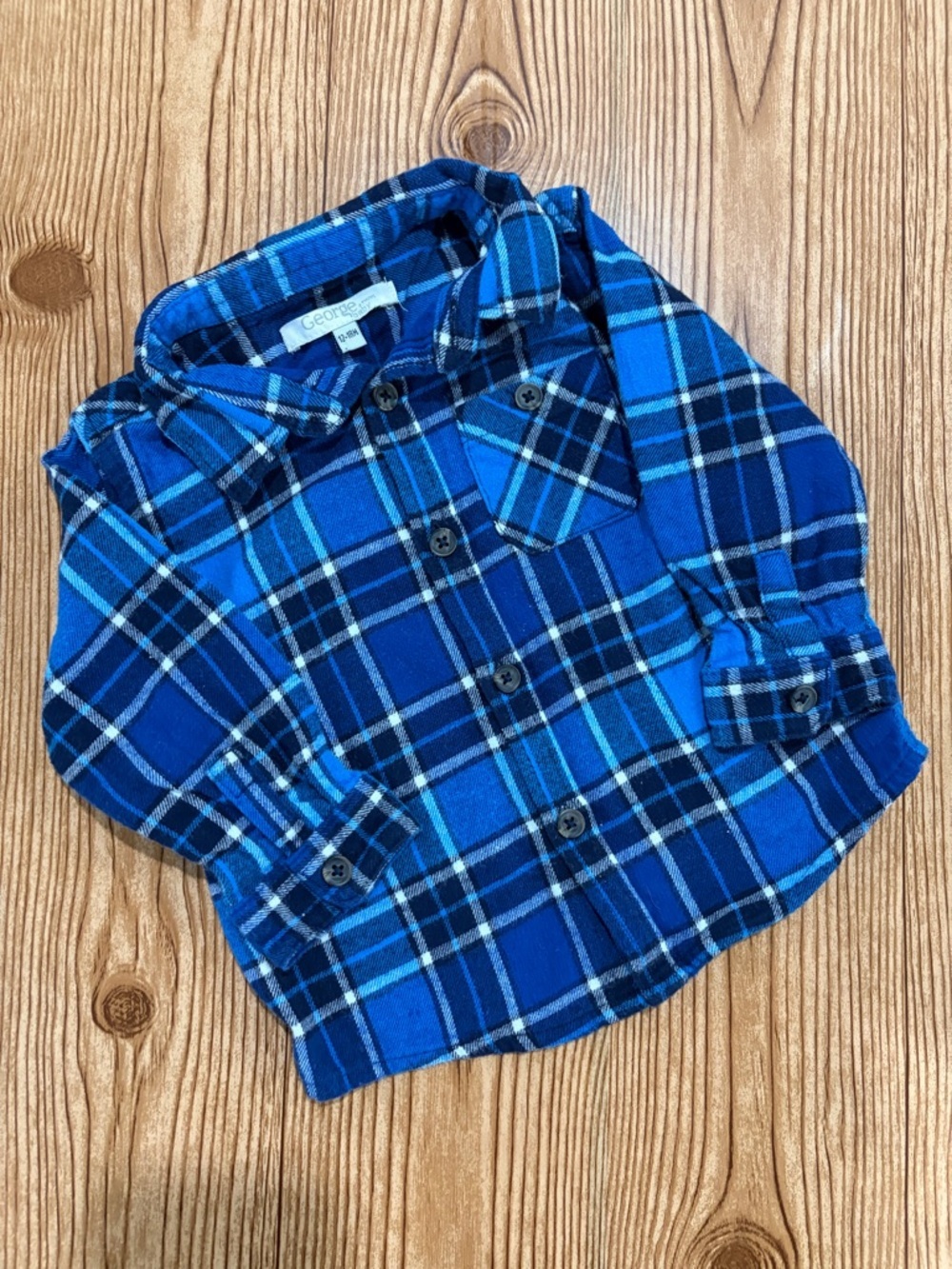 7/$20 George Blue Plaid Flannel Button-Up Shirt for Kids Cotton 12-18 Months